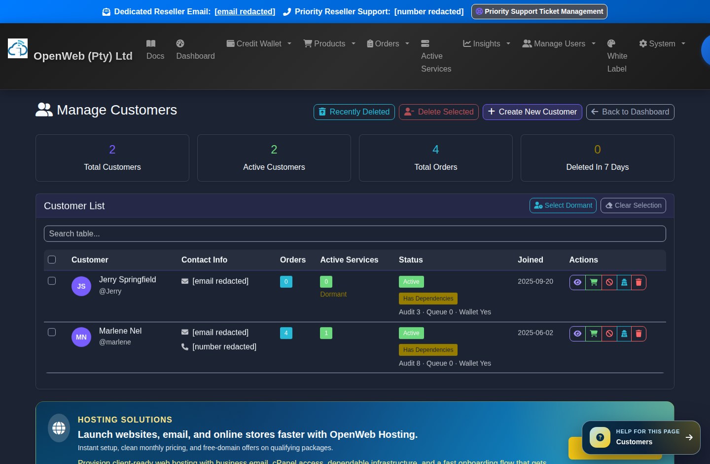 Current OpenWeb reseller panel screenshot: Customer management